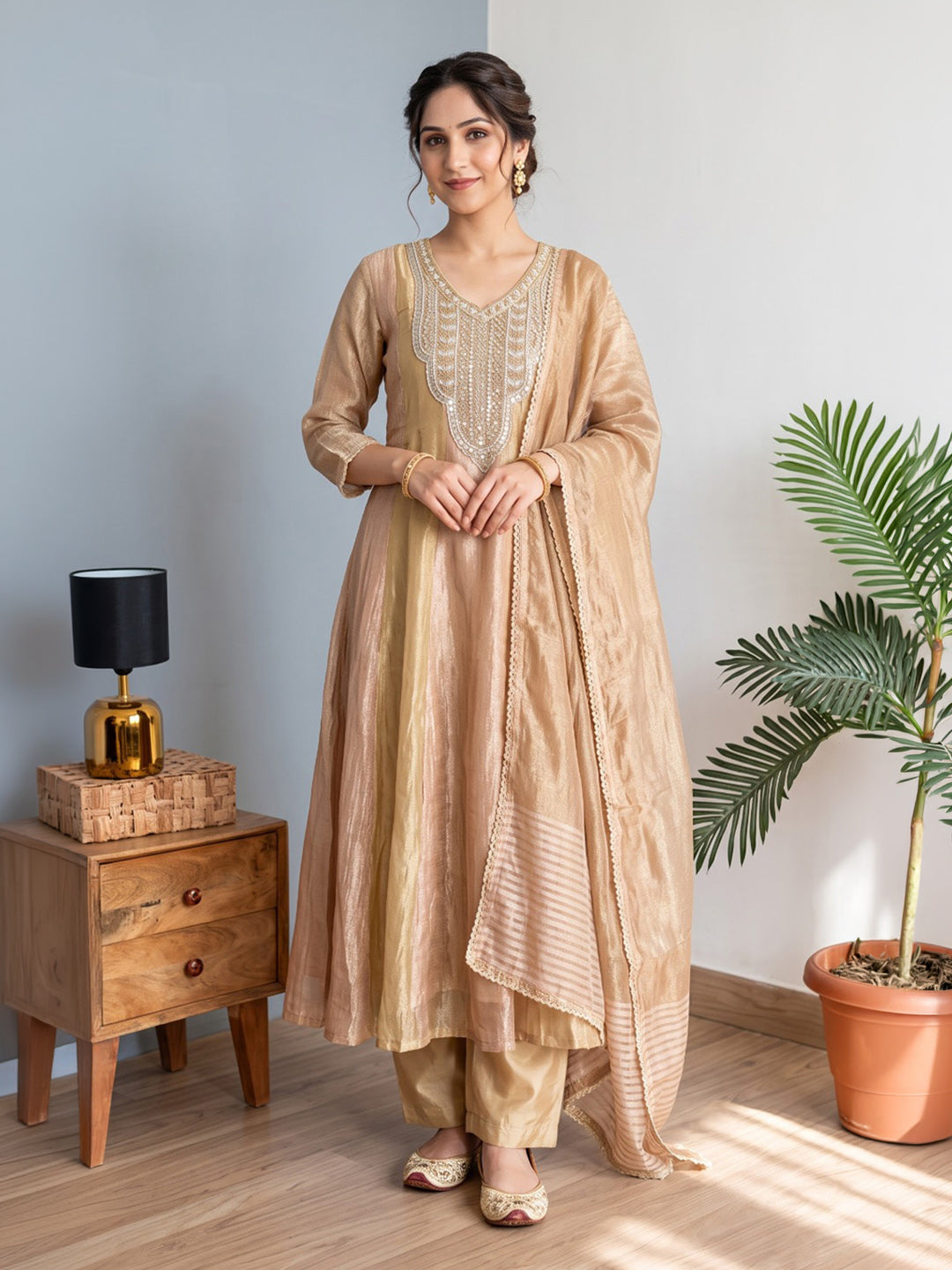 Beige Embroidered Tissue Kurta With Pant &amp; Dupatta