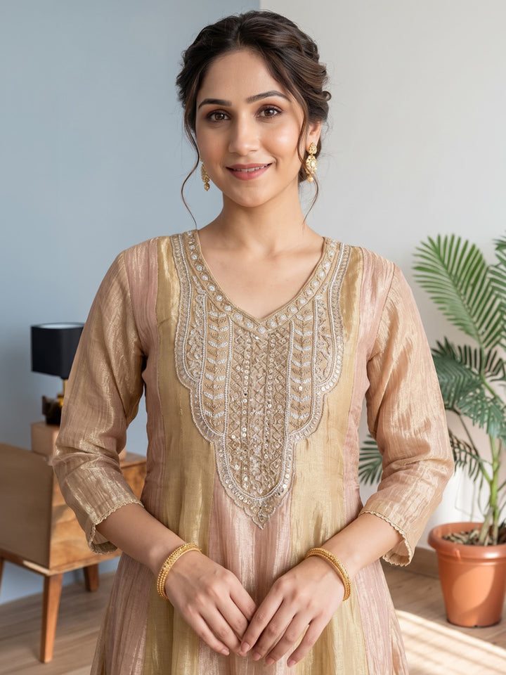 Beige Embroidered Tissue Kurta With Pant &amp; Dupatta