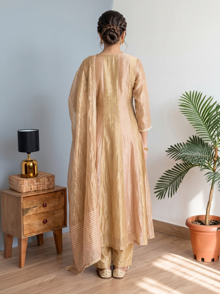 Beige Embroidered Tissue Kurta With Pant &amp; Dupatta