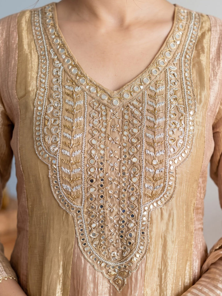Beige Embroidered Tissue Kurta With Pant &amp; Dupatta