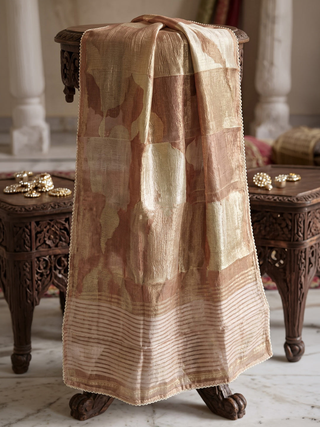 Beige Embroidered Tissue Kurta With Pant &amp; Dupatta