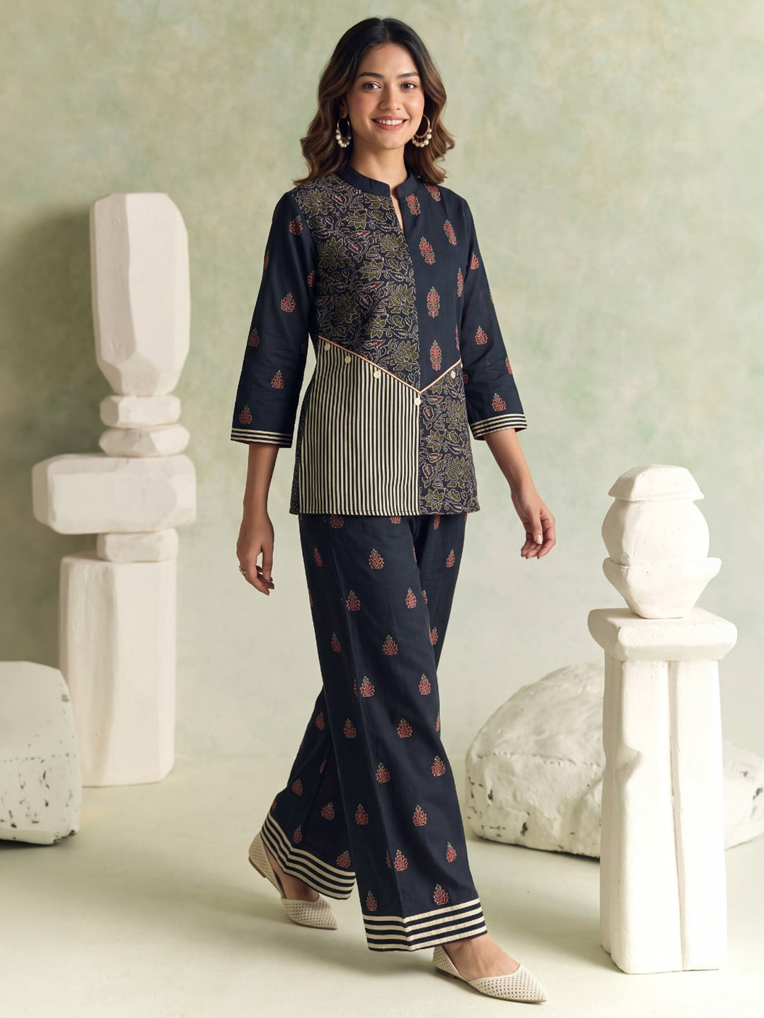 Black Printed Crepe Kurta Set