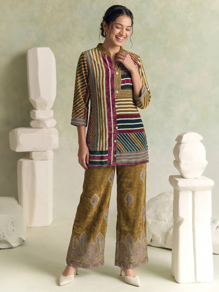 Mustard Printed Crepe Kurta Set