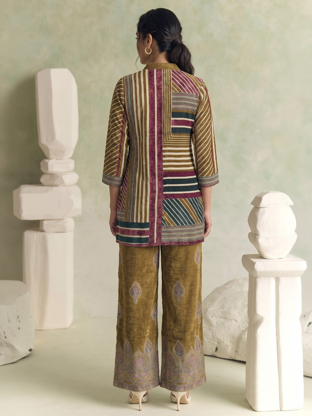 Mustard Printed Crepe Kurta Set