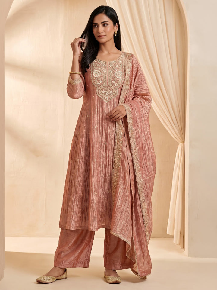 Dusty Pink Embroidered Cotton Blend Kurta With Pant &amp; Dupatta