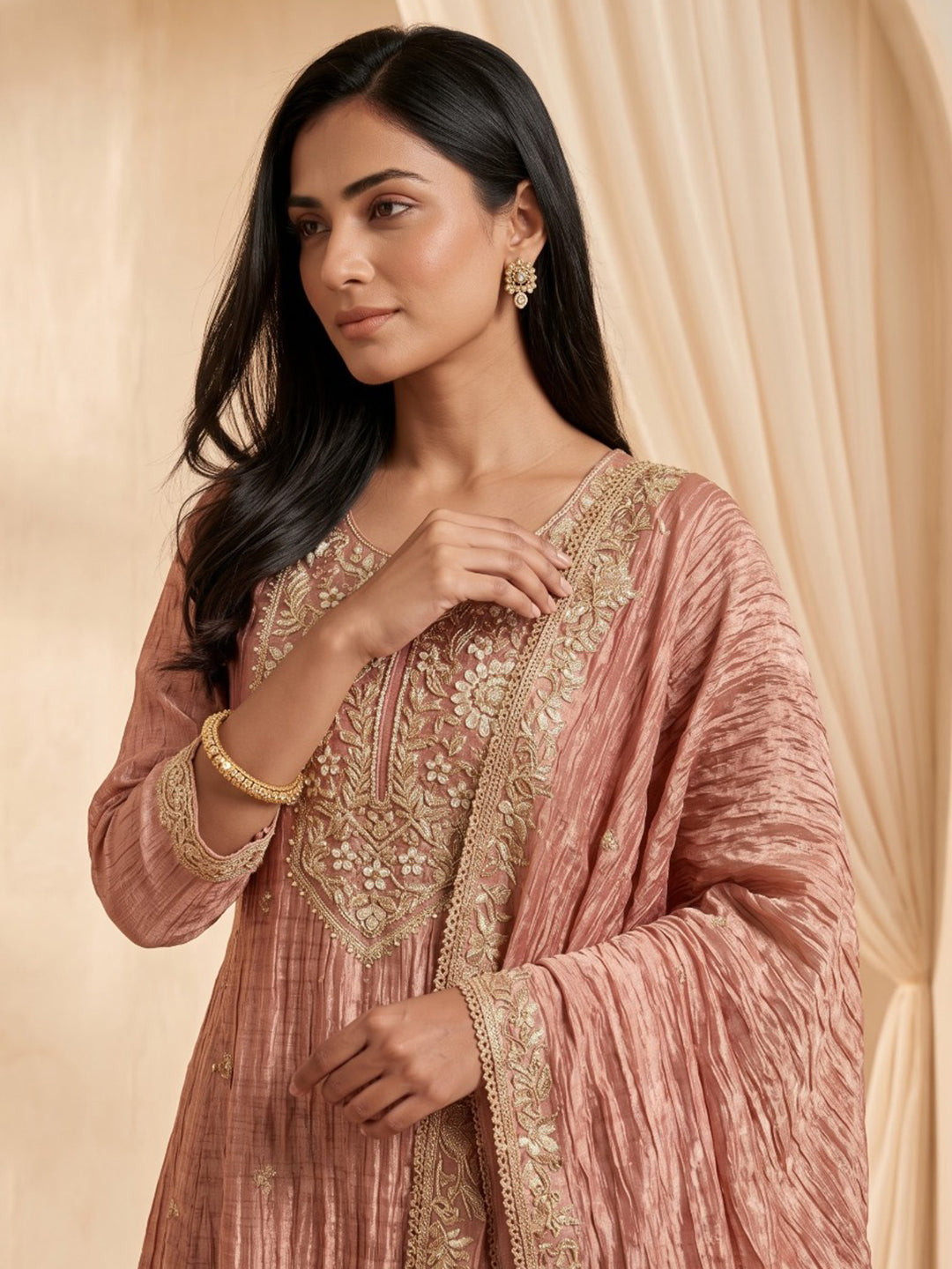 Dusty Pink Embroidered Cotton Blend Kurta With Pant &amp; Dupatta
