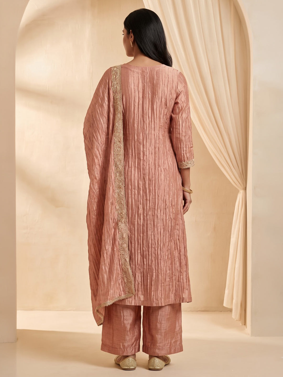 Dusty Pink Embroidered Cotton Blend Kurta With Pant &amp; Dupatta