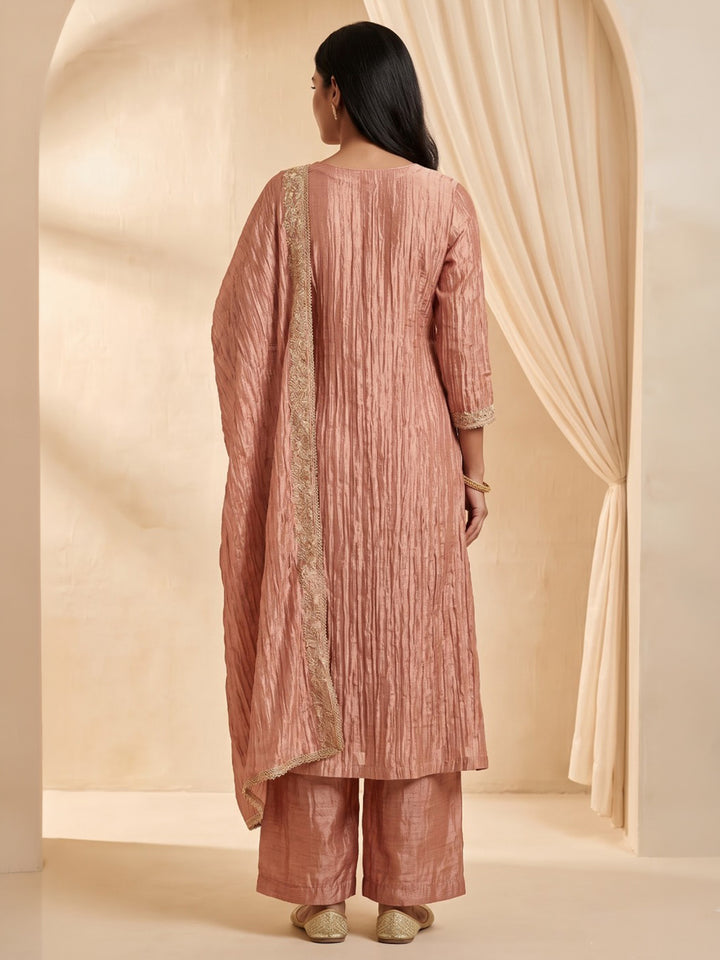 Dusty Pink Embroidered Cotton Blend Kurta With Pant &amp; Dupatta