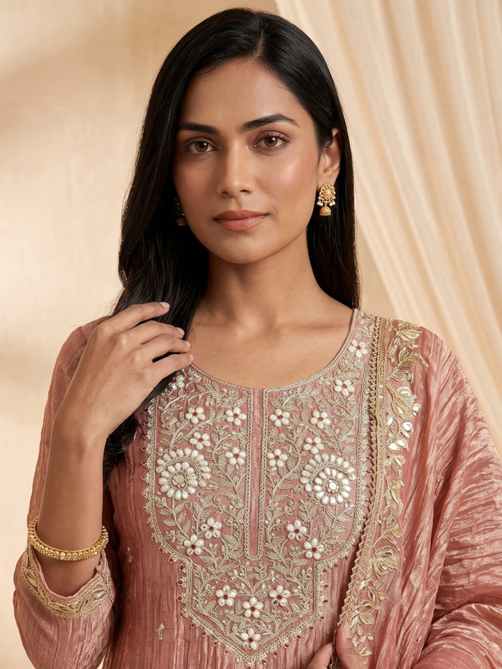 Dusty Pink Embroidered Cotton Blend Kurta With Pant &amp; Dupatta