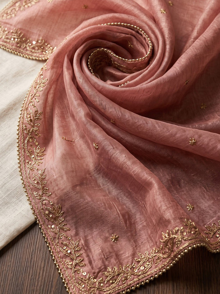 Dusty Pink Embroidered Cotton Blend Kurta With Pant &amp; Dupatta