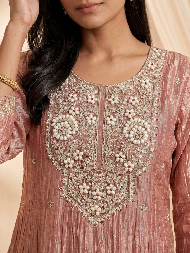 Dusty Pink Embroidered Cotton Blend Kurta With Pant &amp; Dupatta