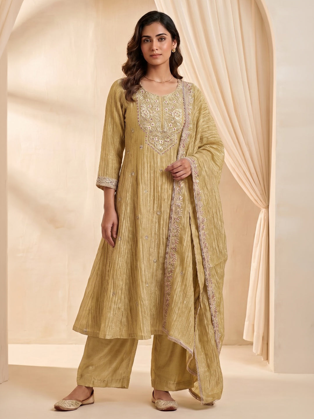 Mustard Embroidered Cotton Blend Kurta With Pant &amp; Dupatta