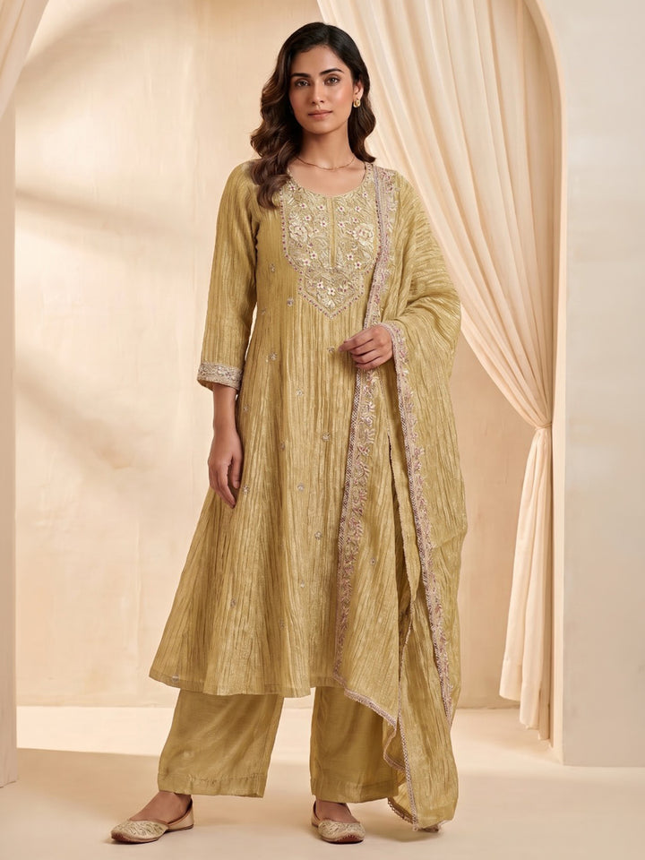 Mustard Embroidered Cotton Blend Kurta With Pant &amp; Dupatta