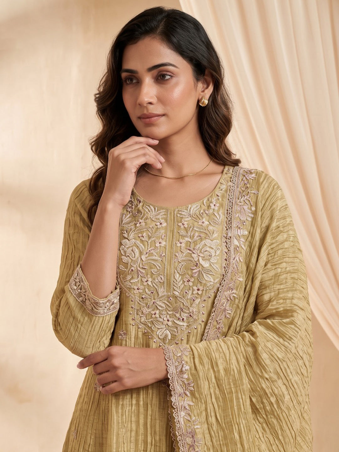 Mustard Embroidered Cotton Blend Kurta With Pant &amp; Dupatta