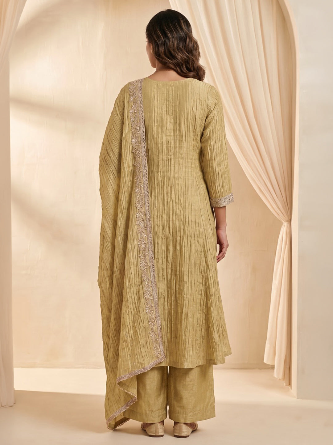 Mustard Embroidered Cotton Blend Kurta With Pant &amp; Dupatta