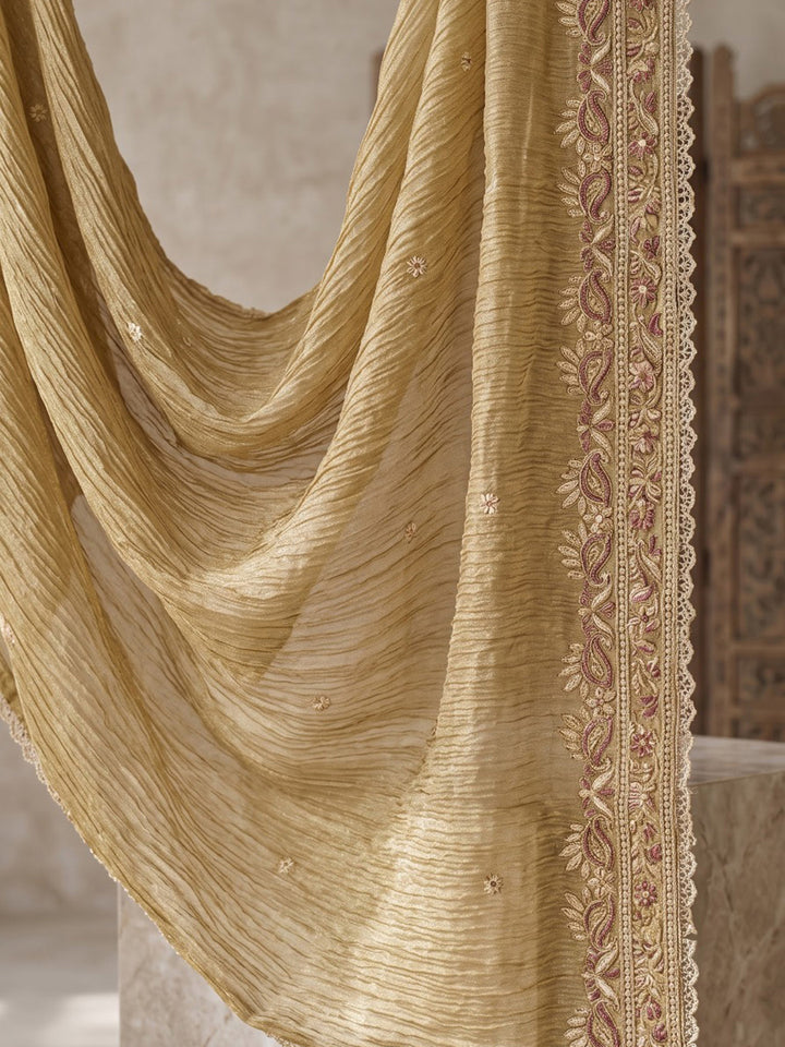 Mustard Embroidered Cotton Blend Kurta With Pant &amp; Dupatta