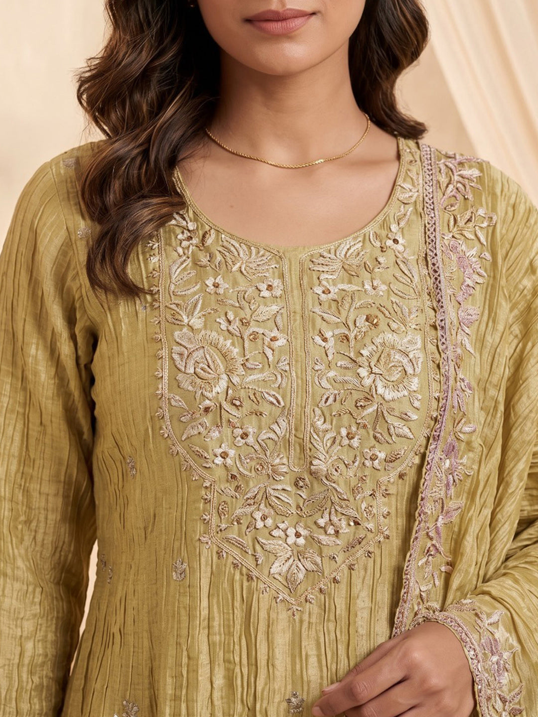 Mustard Embroidered Cotton Blend Kurta With Pant &amp; Dupatta