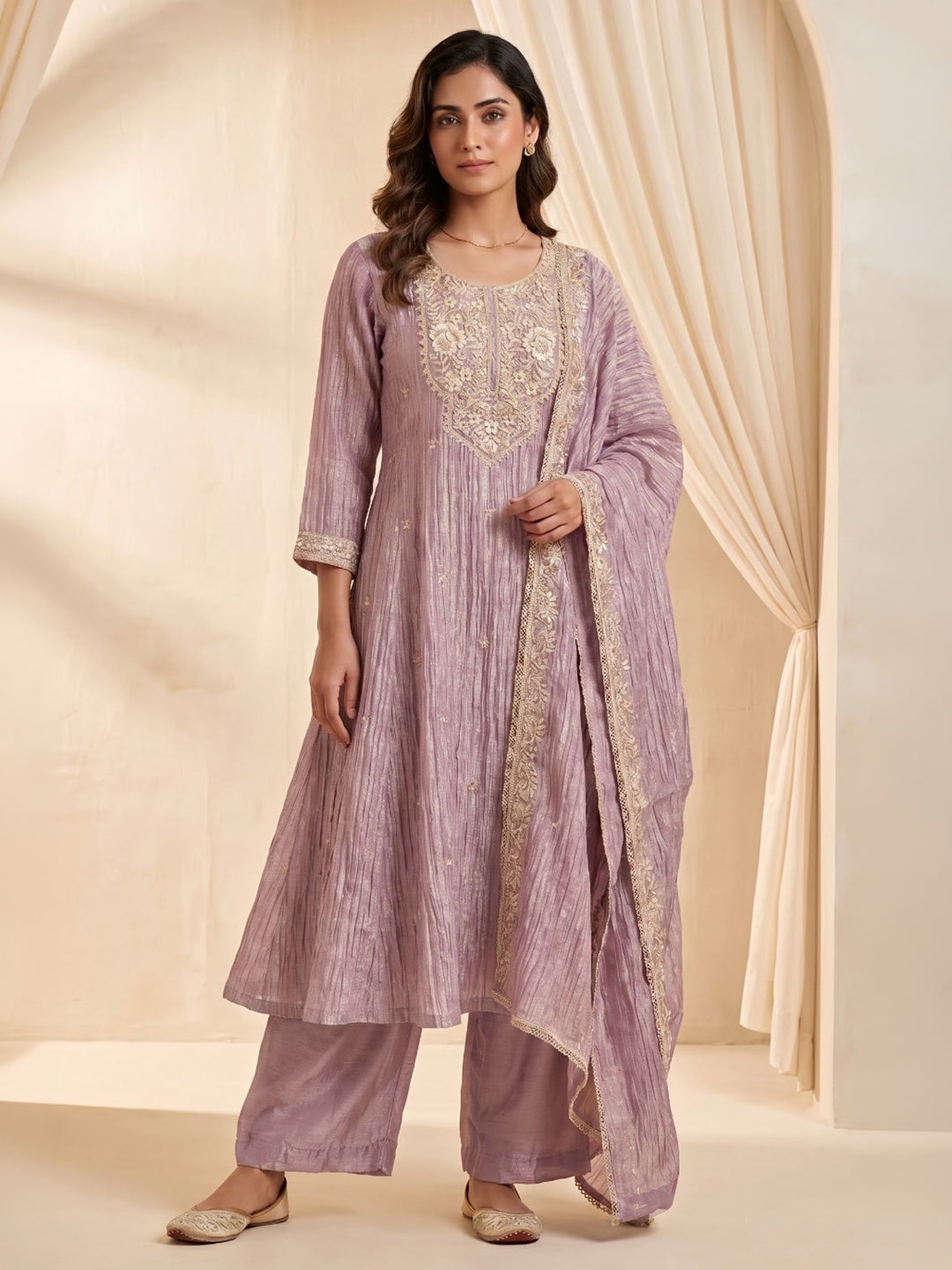 Purple Embroidered Cotton Blend Kurta With Pant &amp; Dupatta