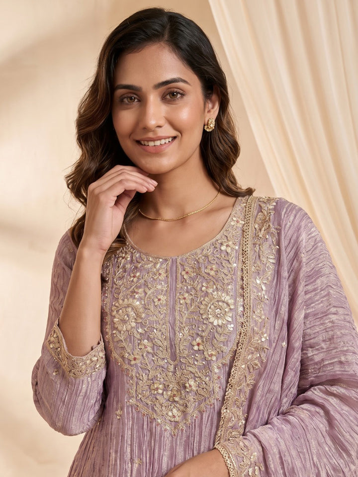 Purple Embroidered Cotton Blend Kurta With Pant &amp; Dupatta