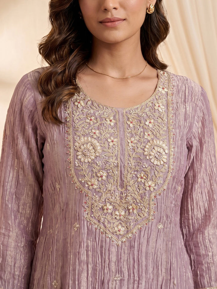 Purple Embroidered Cotton Blend Kurta With Pant &amp; Dupatta