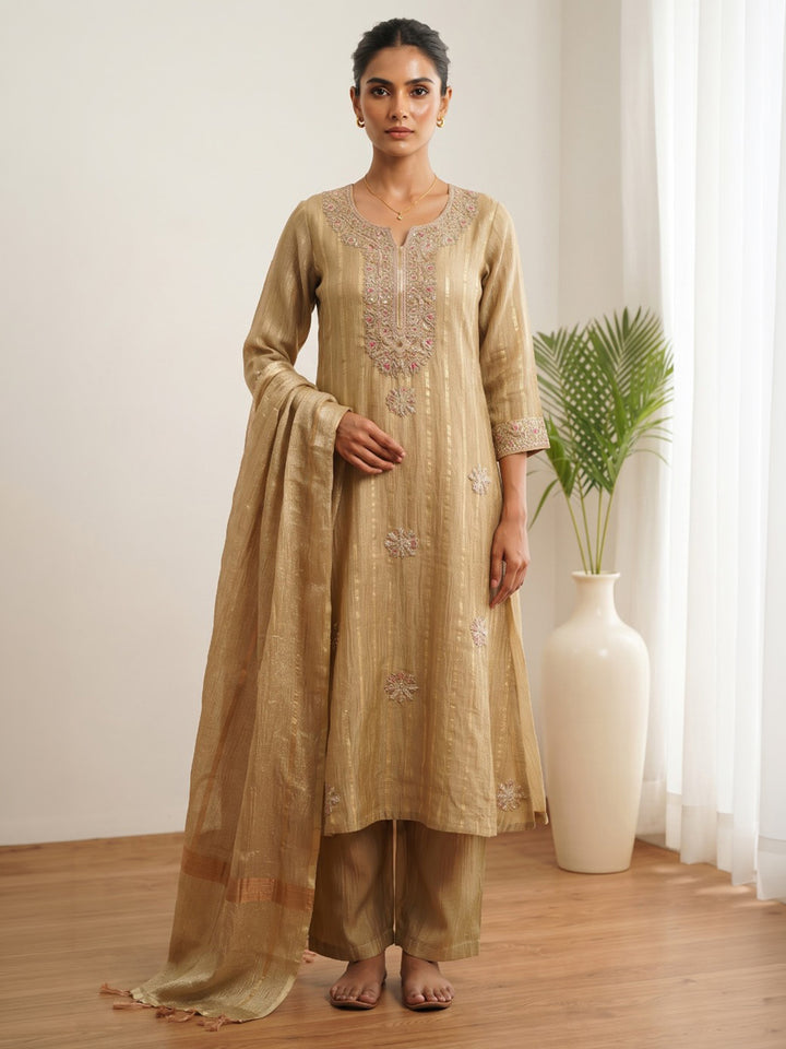 Cream Printed Cotton Blend Kurta With Pant &amp; Dupatta