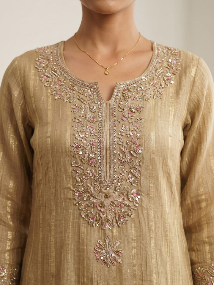 Cream Printed Cotton Blend Kurta With Pant &amp; Dupatta