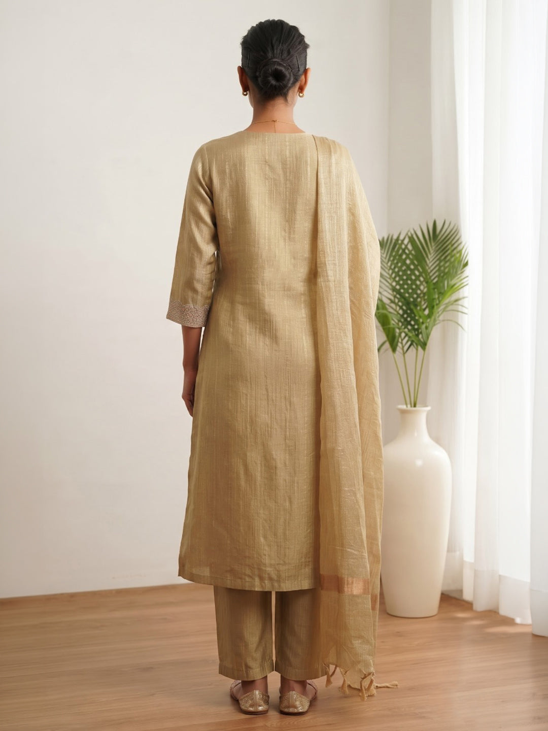Cream Printed Cotton Blend Kurta With Pant &amp; Dupatta