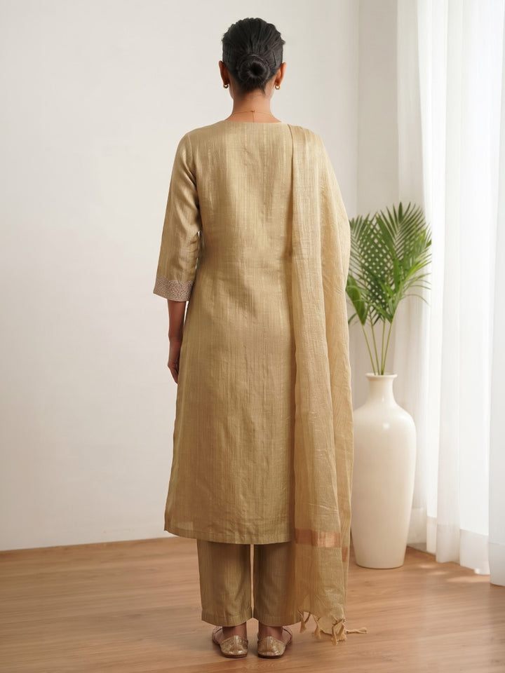 Cream Printed Cotton Blend Kurta With Pant &amp; Dupatta