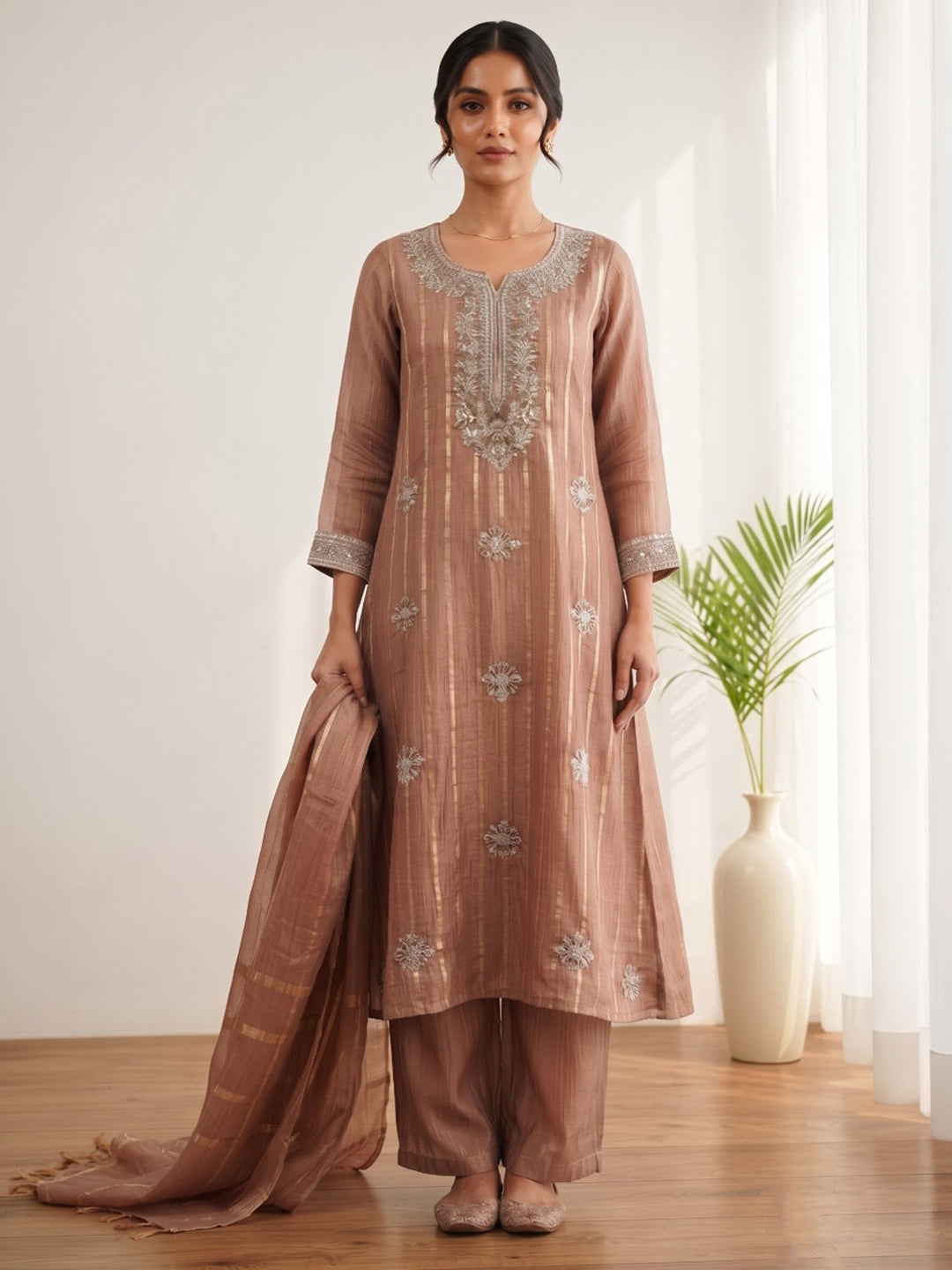 Pink Printed Cotton Blend Kurta With Pant &amp; Dupatta