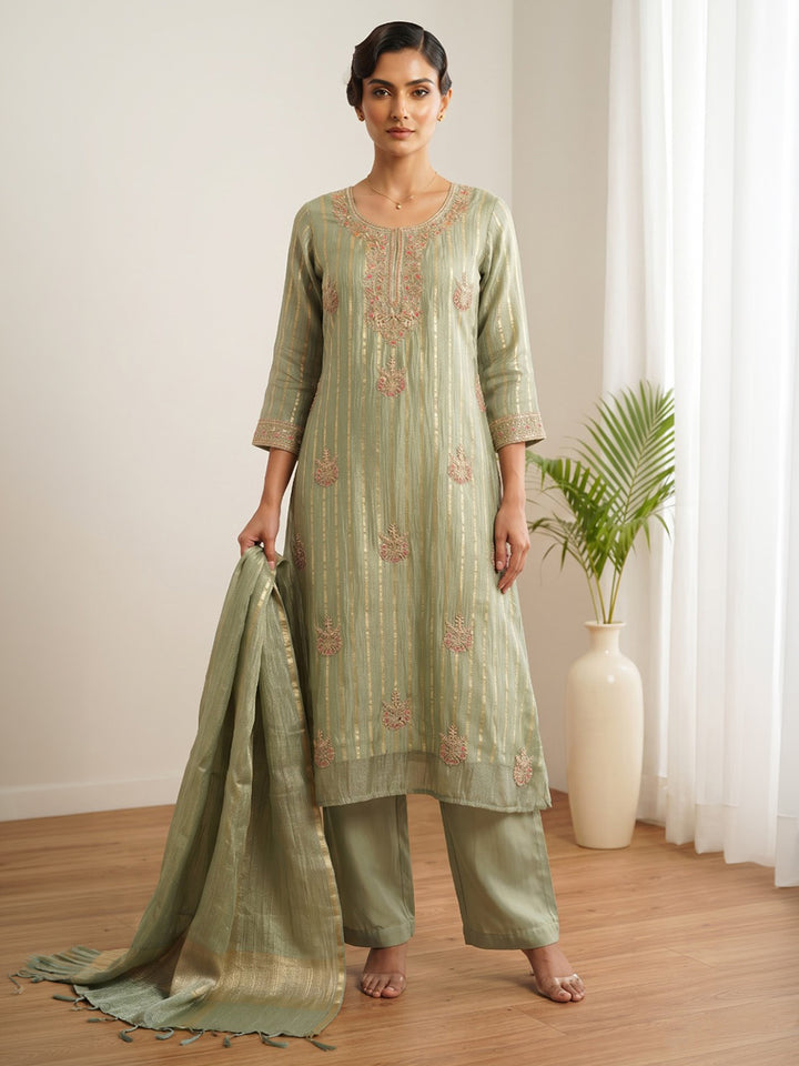 Pista Green Printed Cotton Blend Kurta With Pant &amp; Dupatta