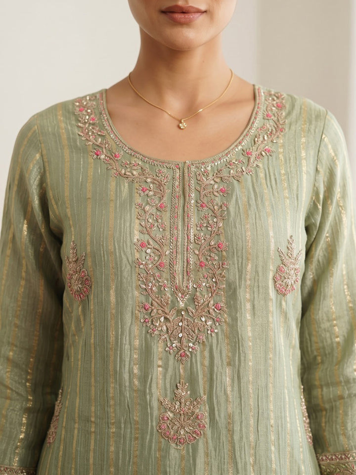 Pista Green Printed Cotton Blend Kurta With Pant &amp; Dupatta