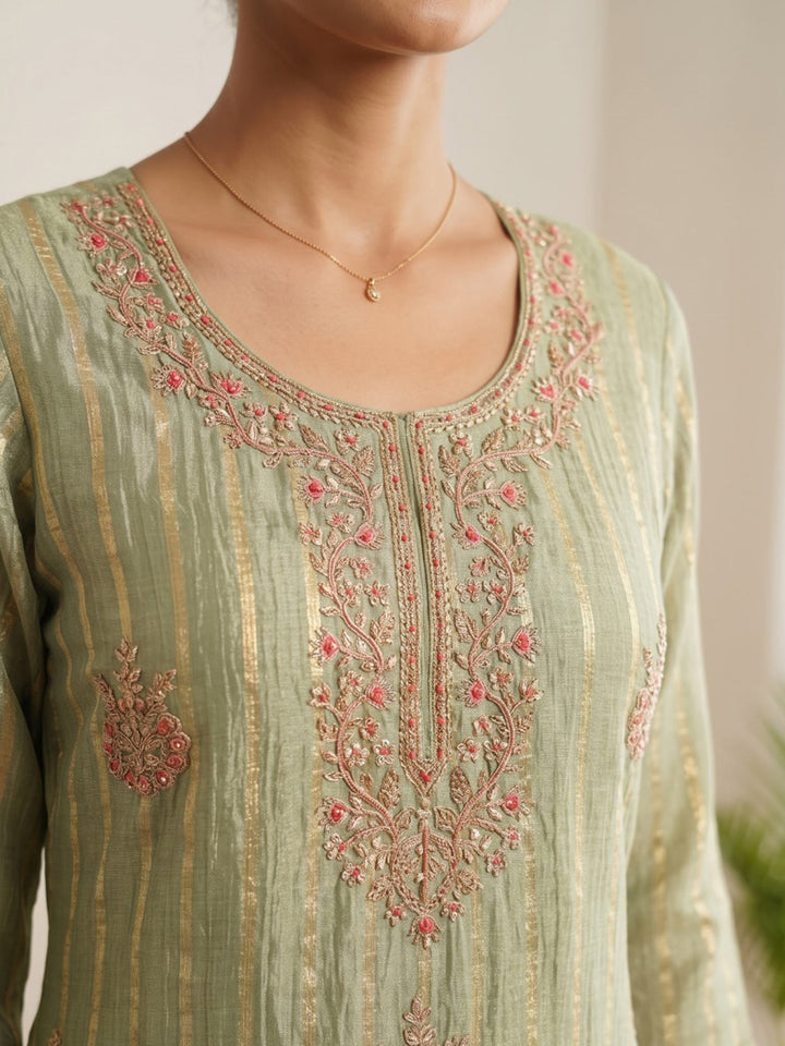 Pista Green Printed Cotton Blend Kurta With Pant &amp; Dupatta