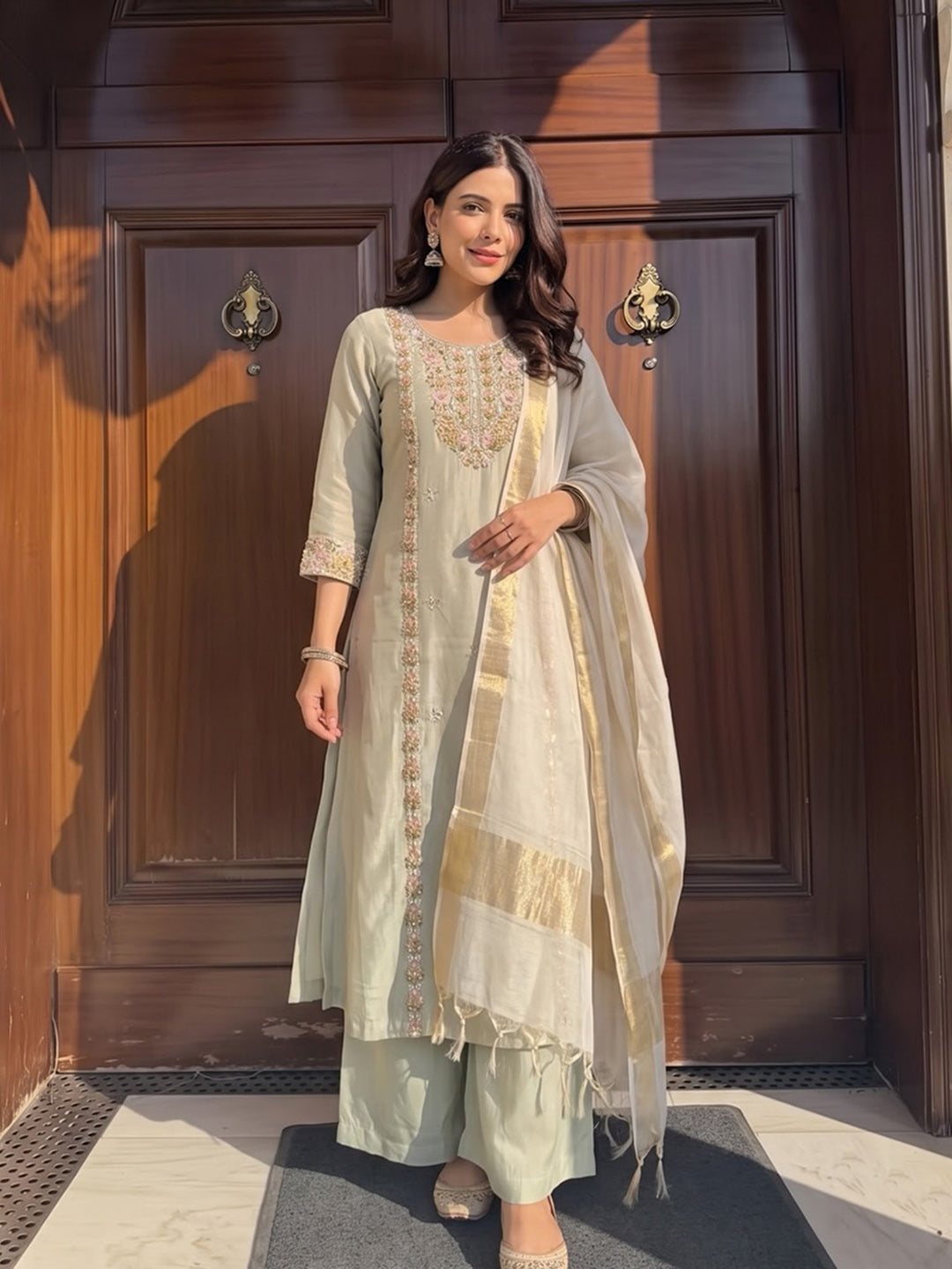 Beige Printed Chanderi Kurta With Pant &amp; Dupatta