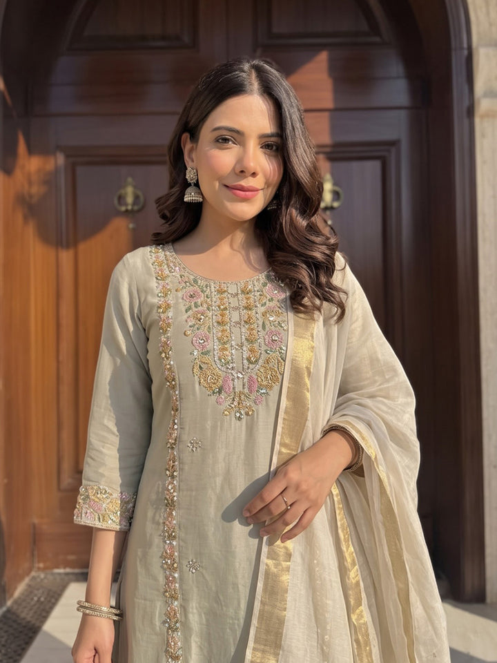Beige Printed Chanderi Kurta With Pant &amp; Dupatta