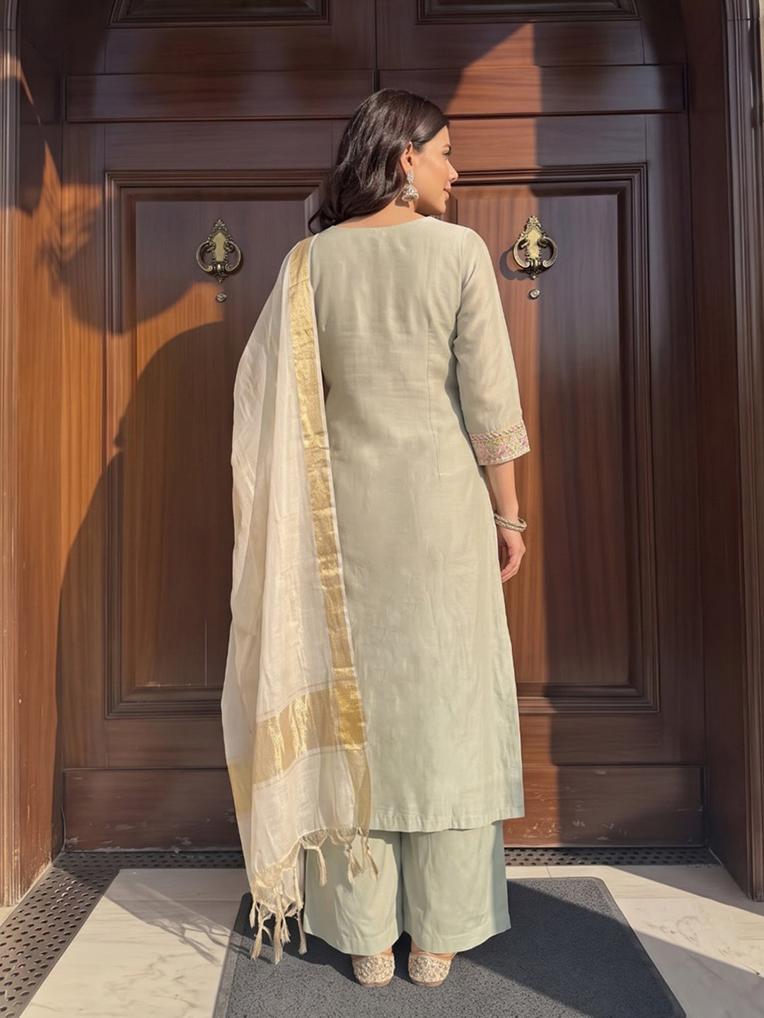 Beige Printed Chanderi Kurta With Pant &amp; Dupatta