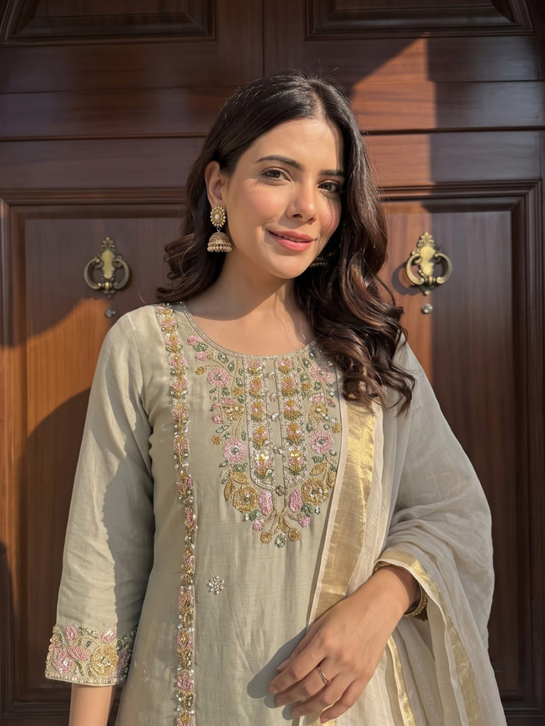 Beige Printed Chanderi Kurta With Pant &amp; Dupatta