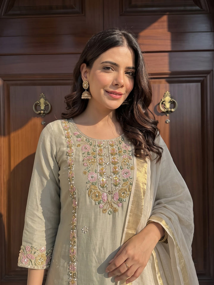 Beige Printed Chanderi Kurta With Pant &amp; Dupatta