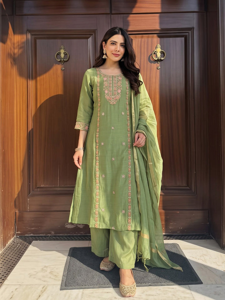 Pista Green Printed Chanderi Kurta With Pant &amp; Dupatta