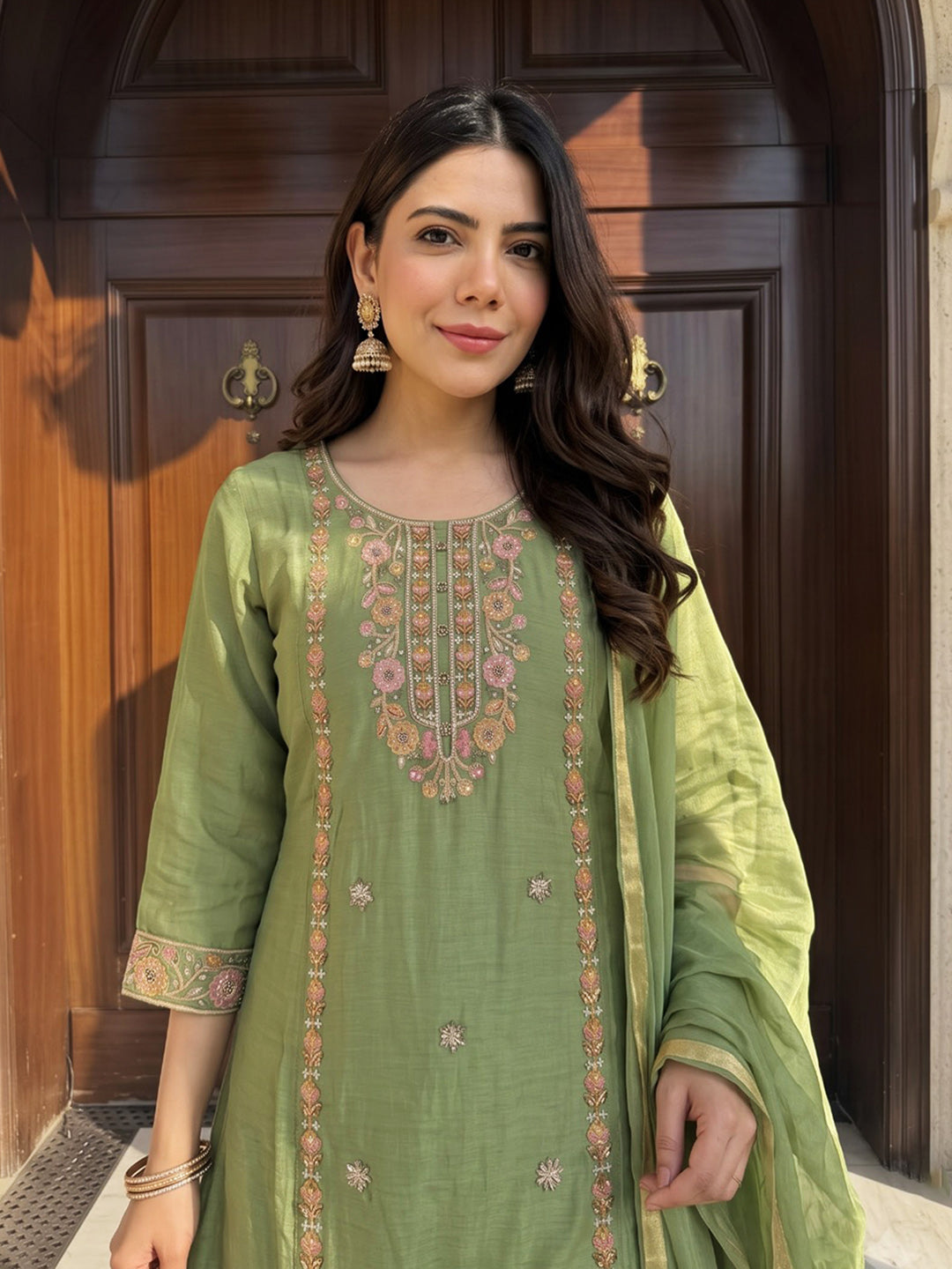 Pista Green Printed Chanderi Kurta With Pant &amp; Dupatta