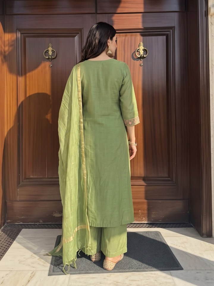Pista Green Printed Chanderi Kurta With Pant &amp; Dupatta