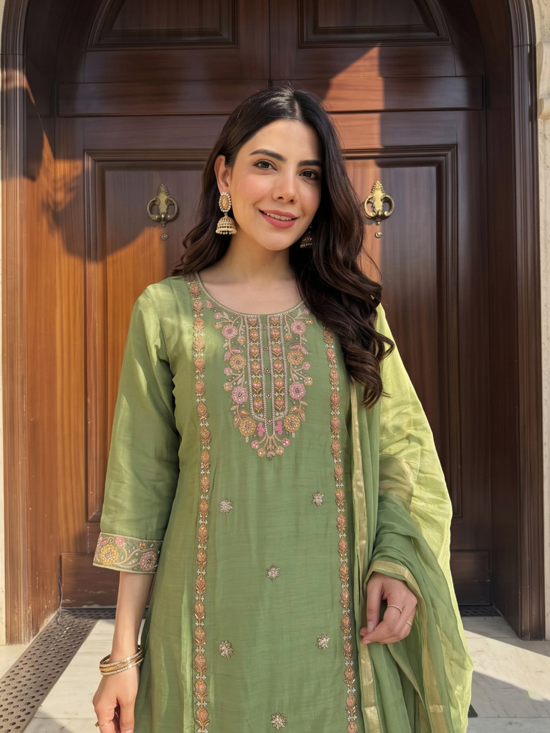 Pista Green Printed Chanderi Kurta With Pant &amp; Dupatta