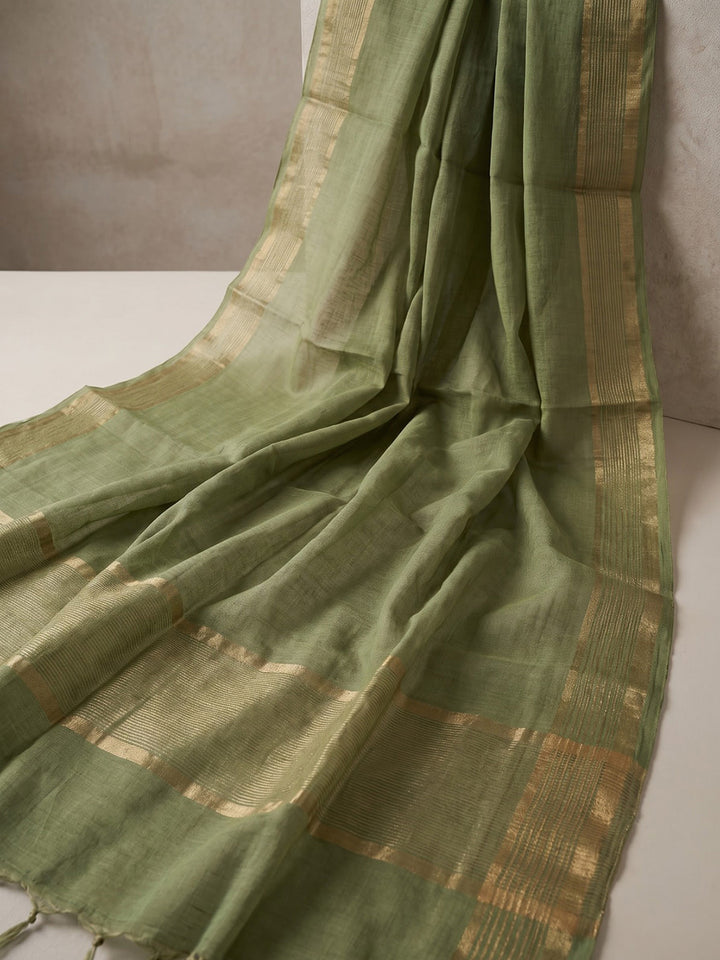 Pista Green Printed Chanderi Kurta With Pant &amp; Dupatta