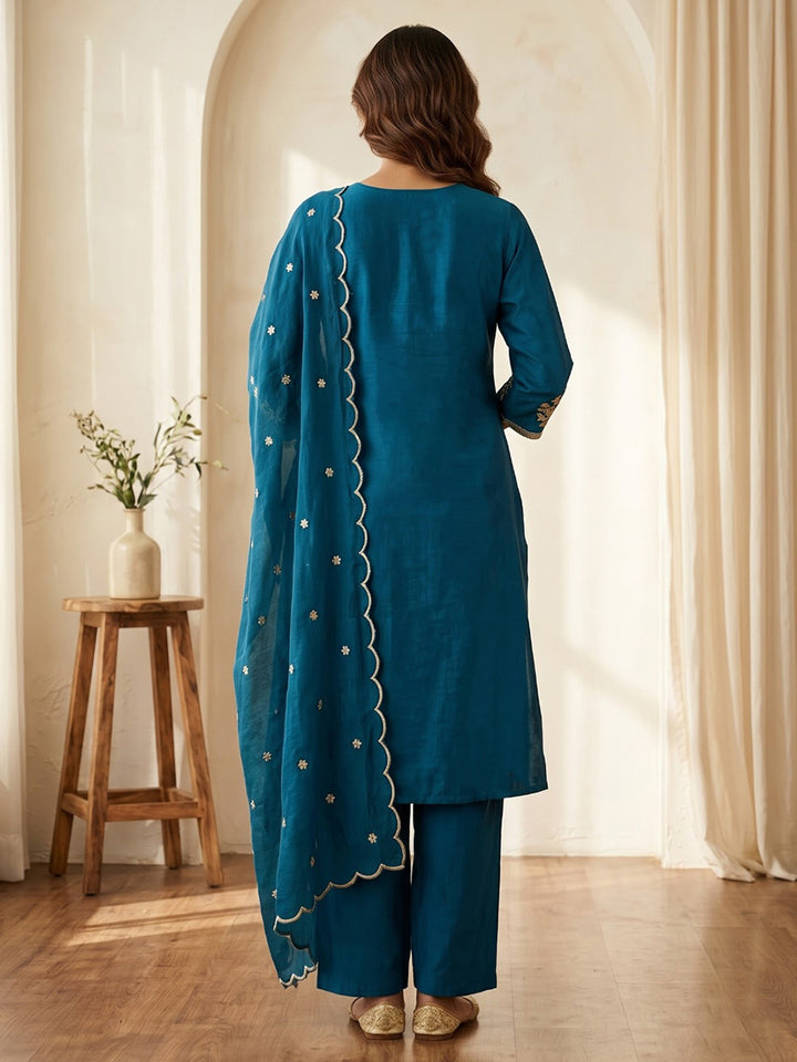 Blue Embroidered Chanderi Kurta With Pant &amp; Dupatta