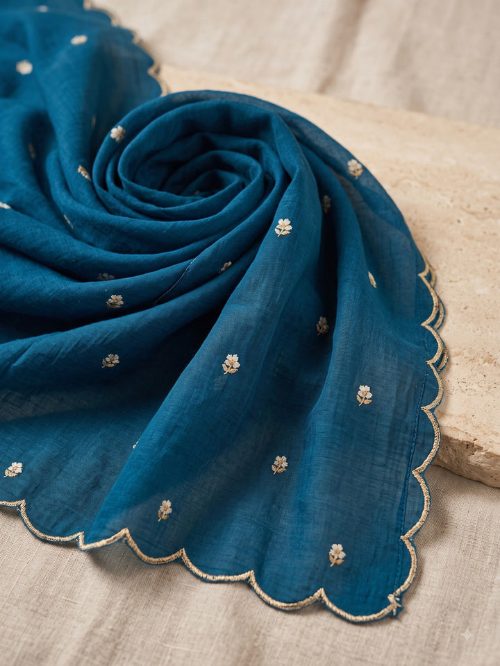 Blue Embroidered Chanderi Kurta With Pant &amp; Dupatta