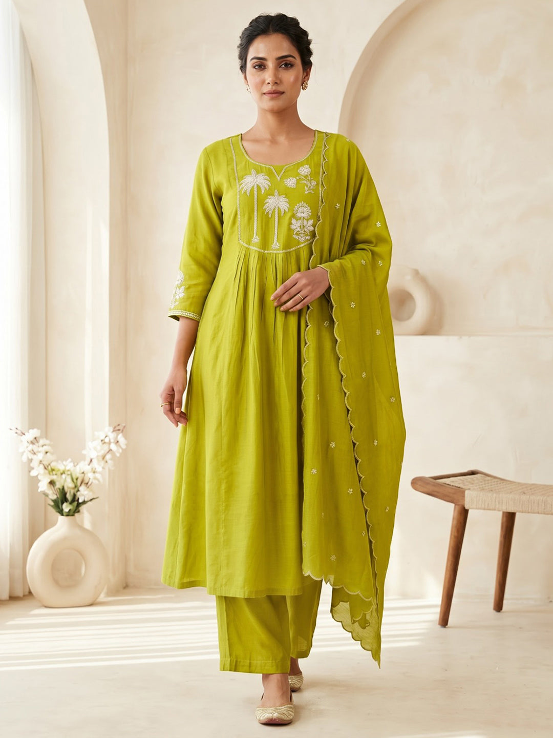 Lemon Embroidered Chanderi Kurta With Pant &amp; Dupatta
