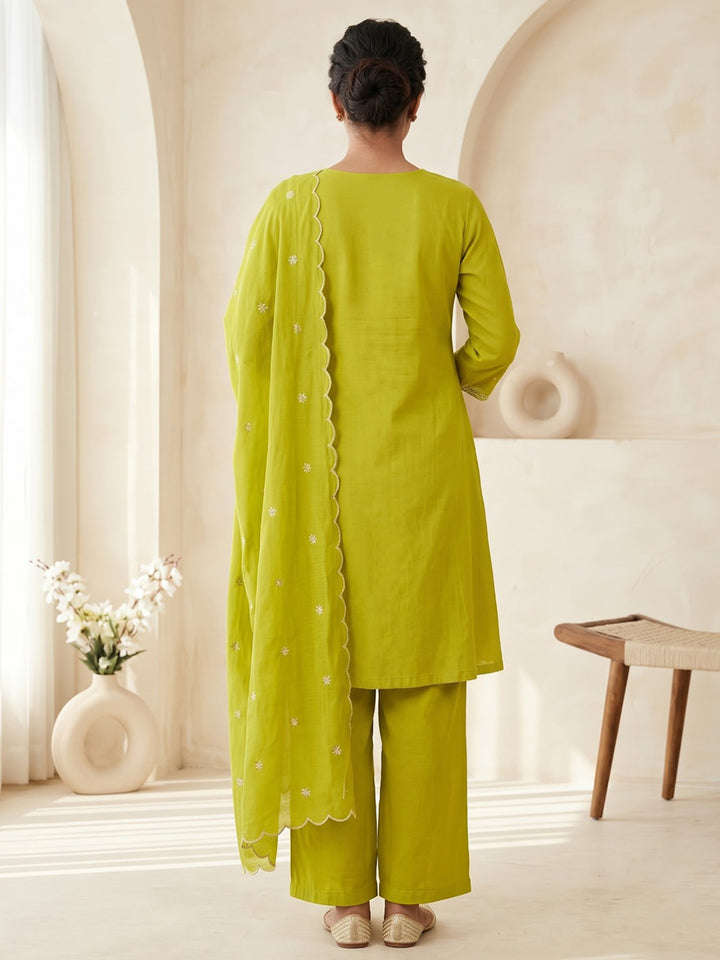 Lemon Embroidered Chanderi Kurta With Pant &amp; Dupatta