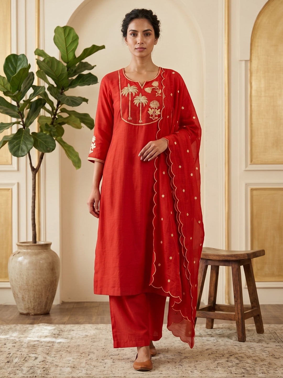 Rust Embroidered Chanderi Kurta With Pant &amp; Dupatta