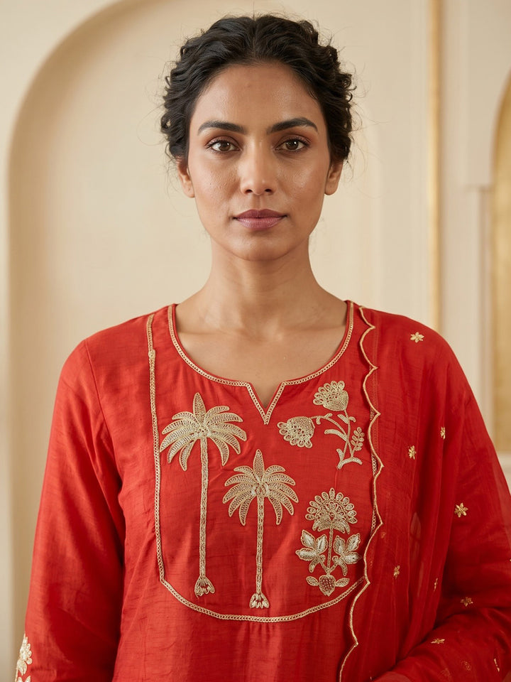 Rust Embroidered Chanderi Kurta With Pant &amp; Dupatta