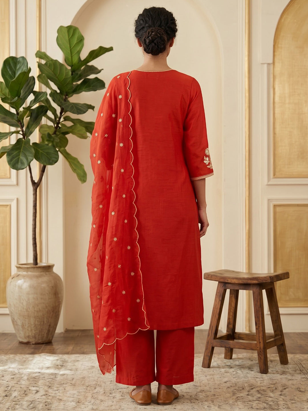 Rust Embroidered Chanderi Kurta With Pant &amp; Dupatta