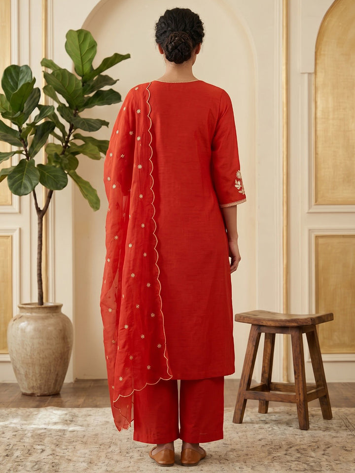 Rust Embroidered Chanderi Kurta With Pant &amp; Dupatta